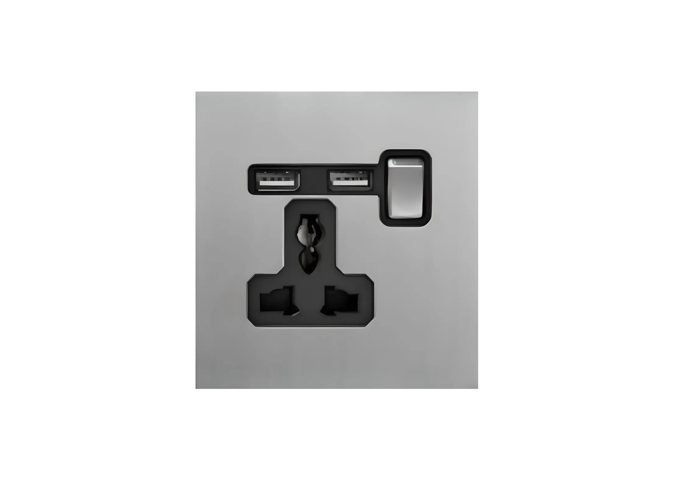 Single 3 pin MF switched socket+2USB (86), 250V, High-end Metal panel